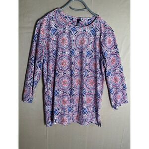 Cathy Womens Medium Red Blue Medallion Print 3/4 Sleeve Jersey Knit Top Blouse